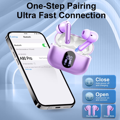 Btootos Wireless Earbuds, Bluetooth 5.4 Headphones Bass Stereo, Ear Buds with Noise Cancelling Mic, LED Display in Ear Earphones Clear Calls, IP7 Waterproof Bluetooth Earbuds for Laptop/Phones/Sports, Purple