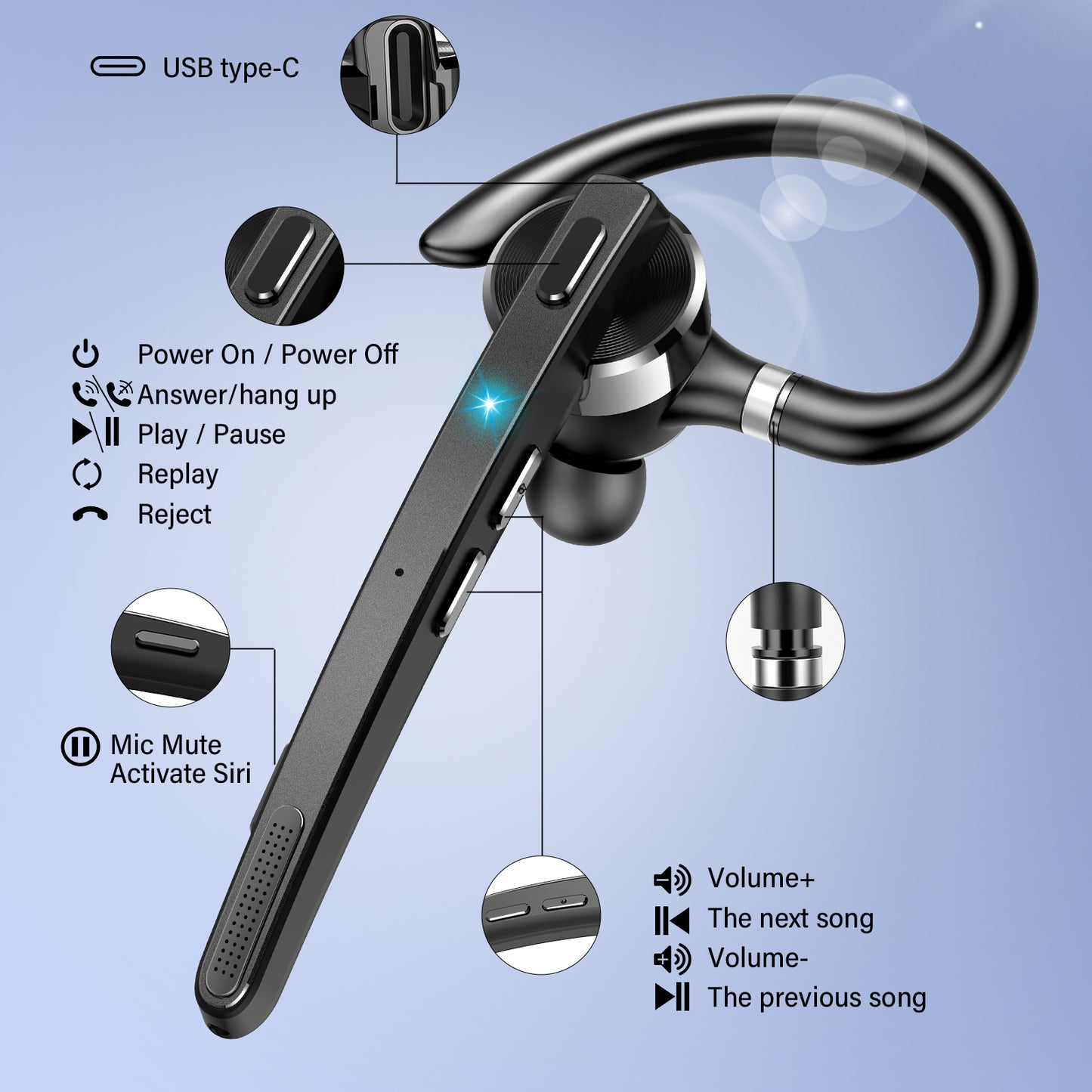 Btootos Bluetooth Headset, Single-Ear Bluetooth Earpiece with ENC Mic with HiFi Stereo Sound, 90 Hours Talking Time Wireless Headset V5.3 with 400mAh Charging Case for iOS Android Cell Phones, Black
