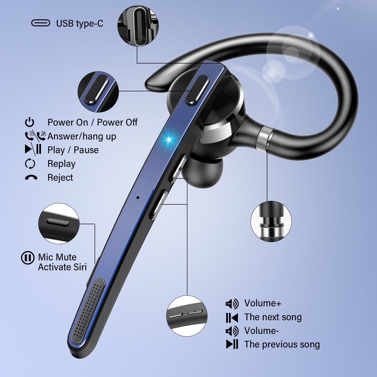 Btootos Bluetooth Headset, Single-Ear Bluetooth Earpiece with ENC Mic with HiFi Stereo Sound, 90 Hours Talking Time Wireless Headset V5.3 with 400mAh Charging Case for iOS Android Cell Phones, Black