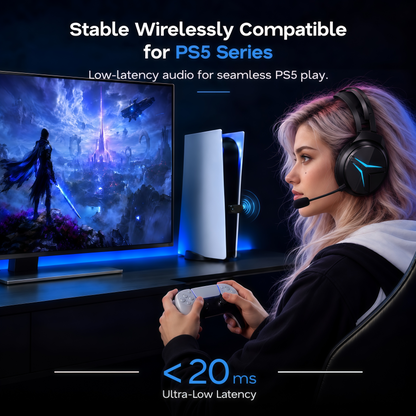 Geryst 2.4GHz Wireless Gaming Headset for PS5/PS4/Switch/PC, Bluetooth Over Ear Gaming Headphones with USB-C Wired Mode, 20ms Low Latency, 50mm Drivers, Noise Cancelling Mic, 40H Battery, Blue LED Lights