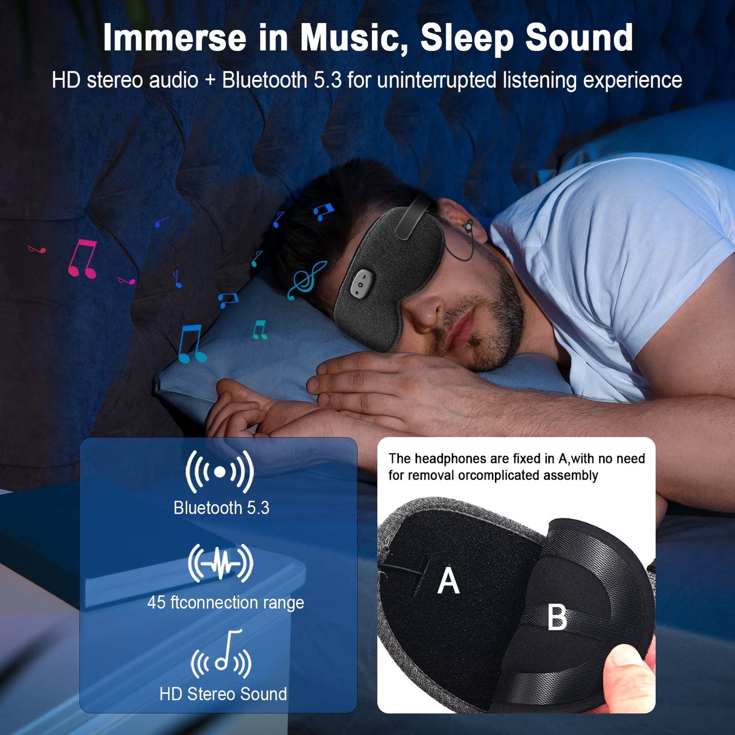 Btootos Sleep Headphones, Sleep Mask with Headphones Bluetooth 5.3 with HD Stereo Speakers for Side Sleepers, Zero Eye Pressure, Adjustable 3D Sleep Eye Mask for Airplane/Travel/Meditation/Nap