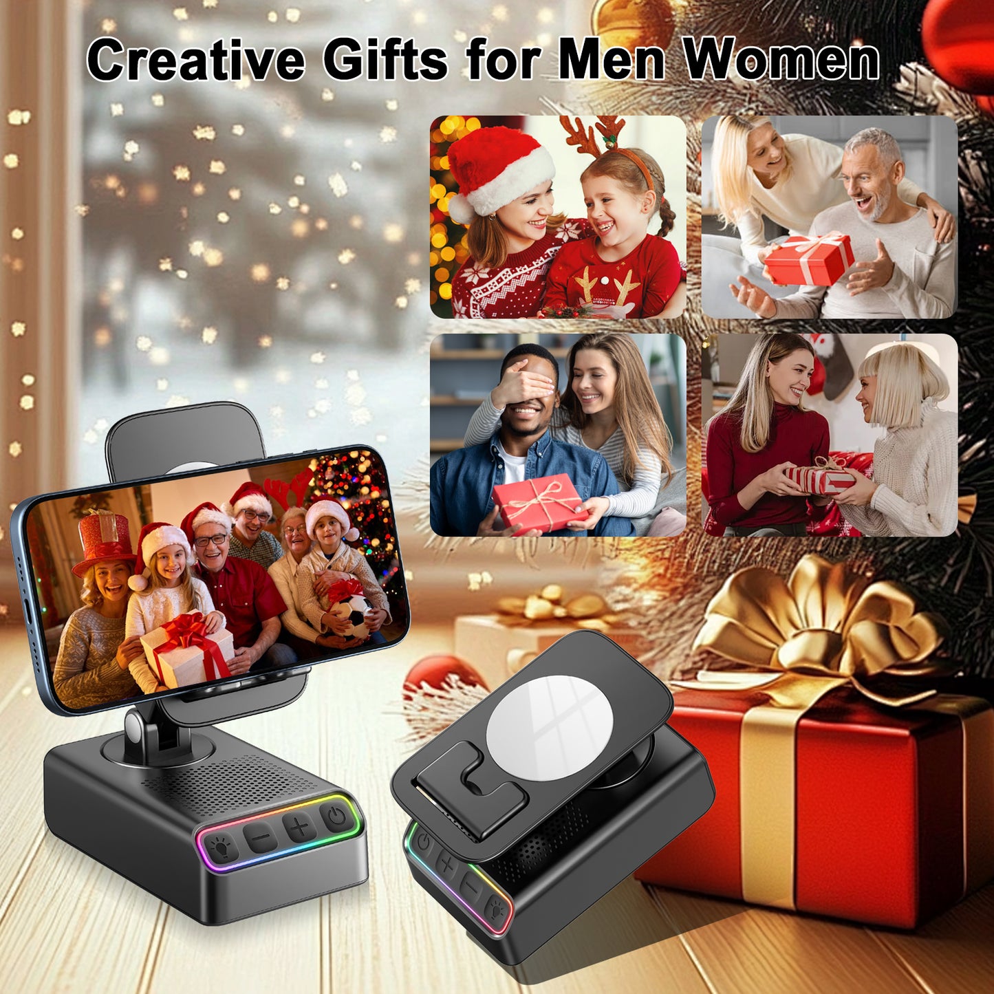 Geryst Adjustable Cell Phone Stand with Wireless Induction Bluetooth Speaker, HD Surround Sound, Color-Changing LED Light, and Non-Slip Phone Holder – Perfect for Yoga and Kitchen, a Great Gift for Everyone