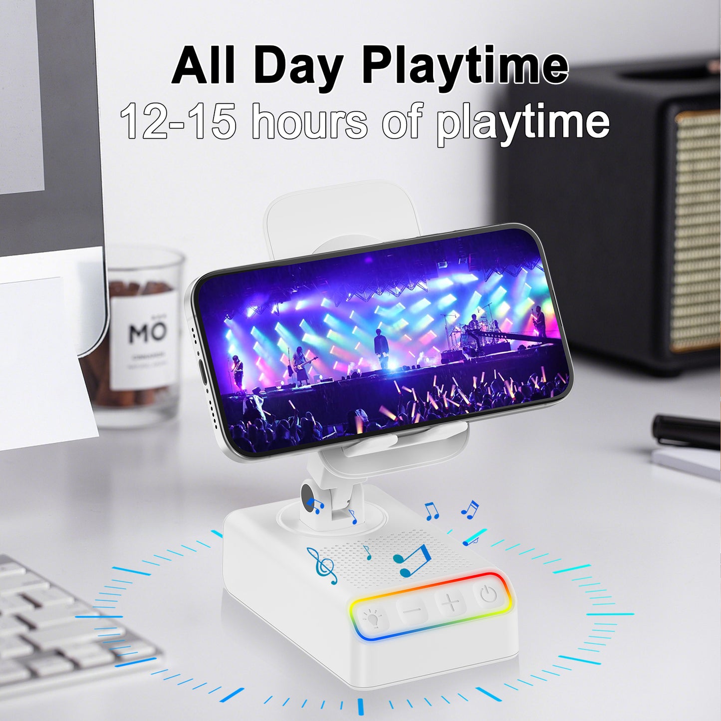 Geryst Adjustable Cell Phone Stand with Wireless Induction Bluetooth Speaker, HD Surround Sound, Color-Changing LED Light, and Non-Slip Phone Holder – Perfect for Yoga and Kitchen, a Great Gift for Everyone