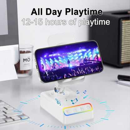 Geryst Adjustable Cell Phone Stand with Wireless Induction Bluetooth Speaker, HD Surround Sound, Color-Changing LED Light, and Non-Slip Phone Holder – Perfect for Yoga and Kitchen, a Great Gift for Everyone