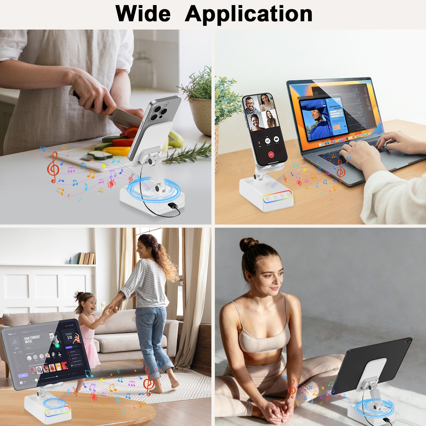 Geryst Adjustable Cell Phone Stand with Wireless Induction Bluetooth Speaker, HD Surround Sound, Color-Changing LED Light, and Non-Slip Phone Holder – Perfect for Yoga and Kitchen, a Great Gift for Everyone