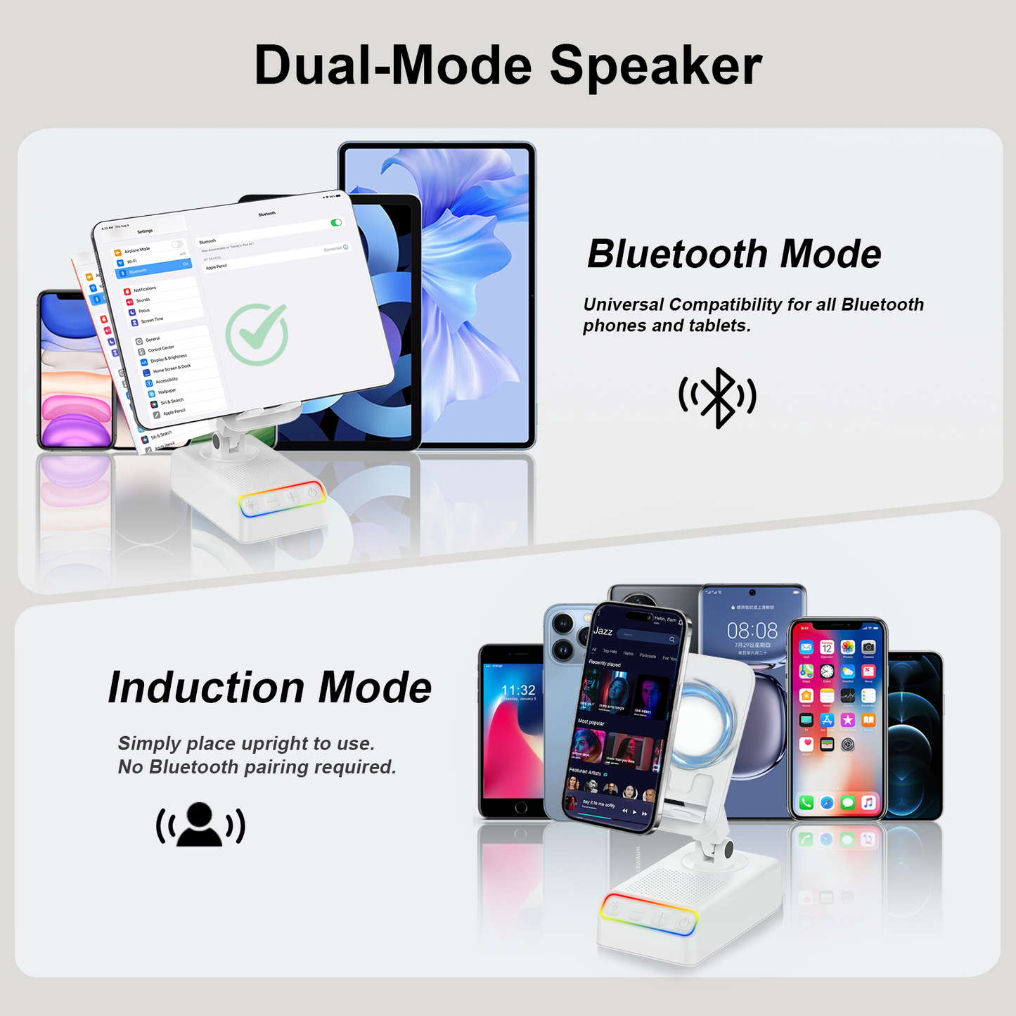 Geryst Adjustable Cell Phone Stand with Wireless Induction Bluetooth Speaker, HD Surround Sound, Color-Changing LED Light, and Non-Slip Phone Holder – Perfect for Yoga and Kitchen, a Great Gift for Everyone