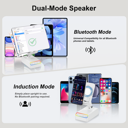Geryst Adjustable Cell Phone Stand with Wireless Induction Bluetooth Speaker, HD Surround Sound, Color-Changing LED Light, and Non-Slip Phone Holder – Perfect for Yoga and Kitchen, a Great Gift for Everyone