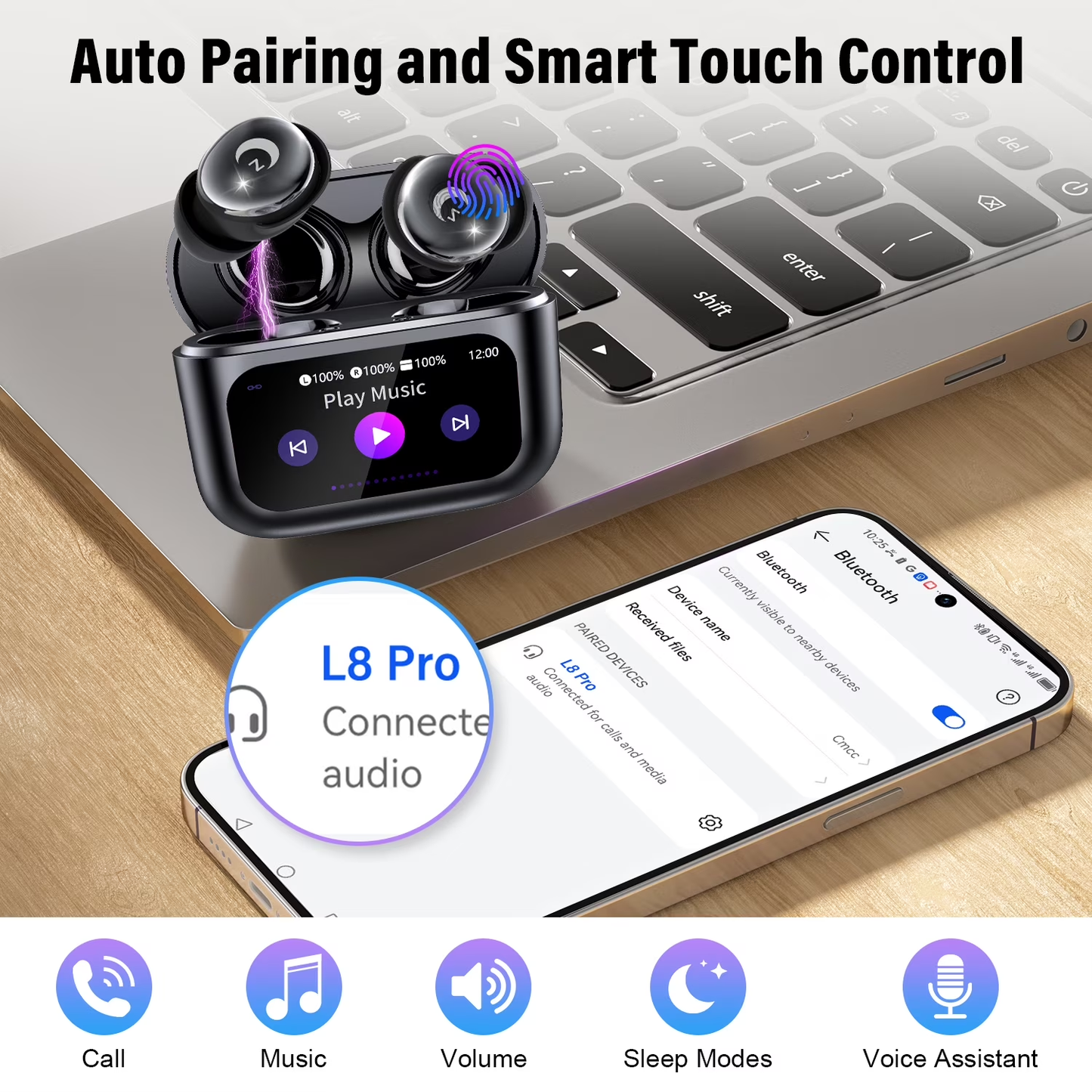 Btootos Sleep Earbuds Bluetooth 5.4 in Ear Smart Touch Screen Headphones, 48H Noise Cancelling Ear Buds with 5 EQ Modes, Mini Wireless Headphones Small Design for Side Sleepers, Clear Calls Earphones, IPX7