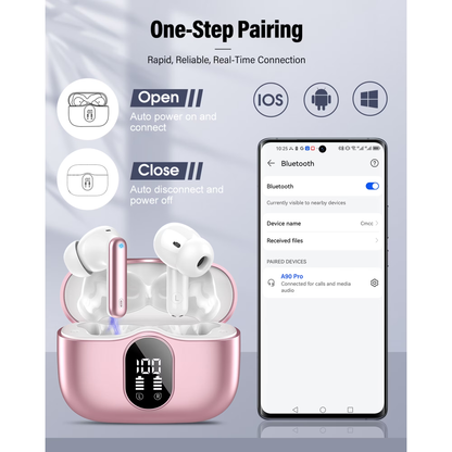 Btootos Wireless Earbuds, Bluetooth 5.4 Headphones Bass Stereo, Ear Buds with Noise Cancelling Mic, LED Display in Ear Earphones Clear Calls, IP7 Waterproof Bluetooth Earbuds for Laptop/Phones, Rose Gold