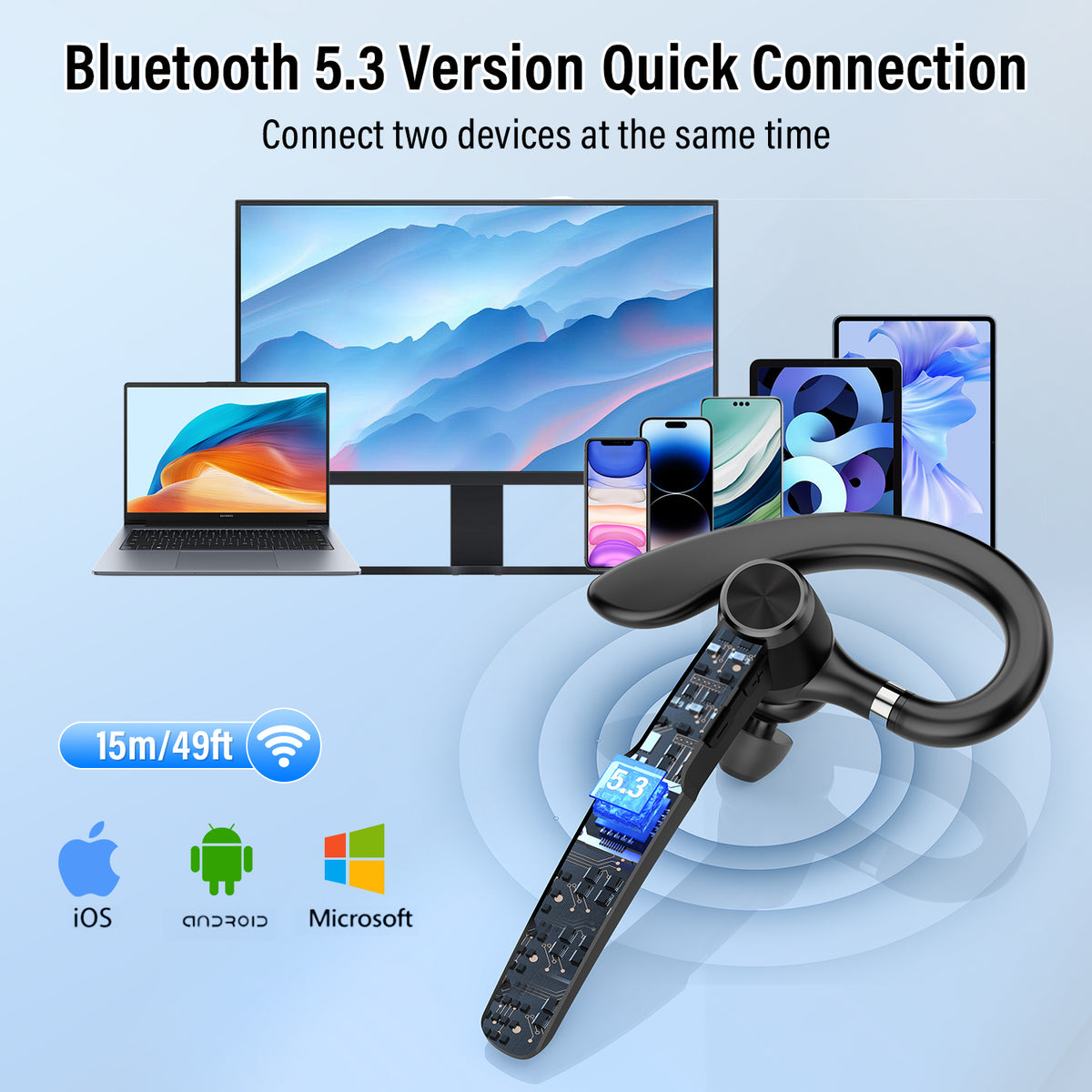 BTOOTOS Bluetooth Headset, Single-Ear Bluetooth Earpiece with ENC Mic with HiFi Stereo Sound, 72 Hours Talking Time Wireless Headset V5.3 with 400mAh Charging Case for iOS Android Cell Phones, Black