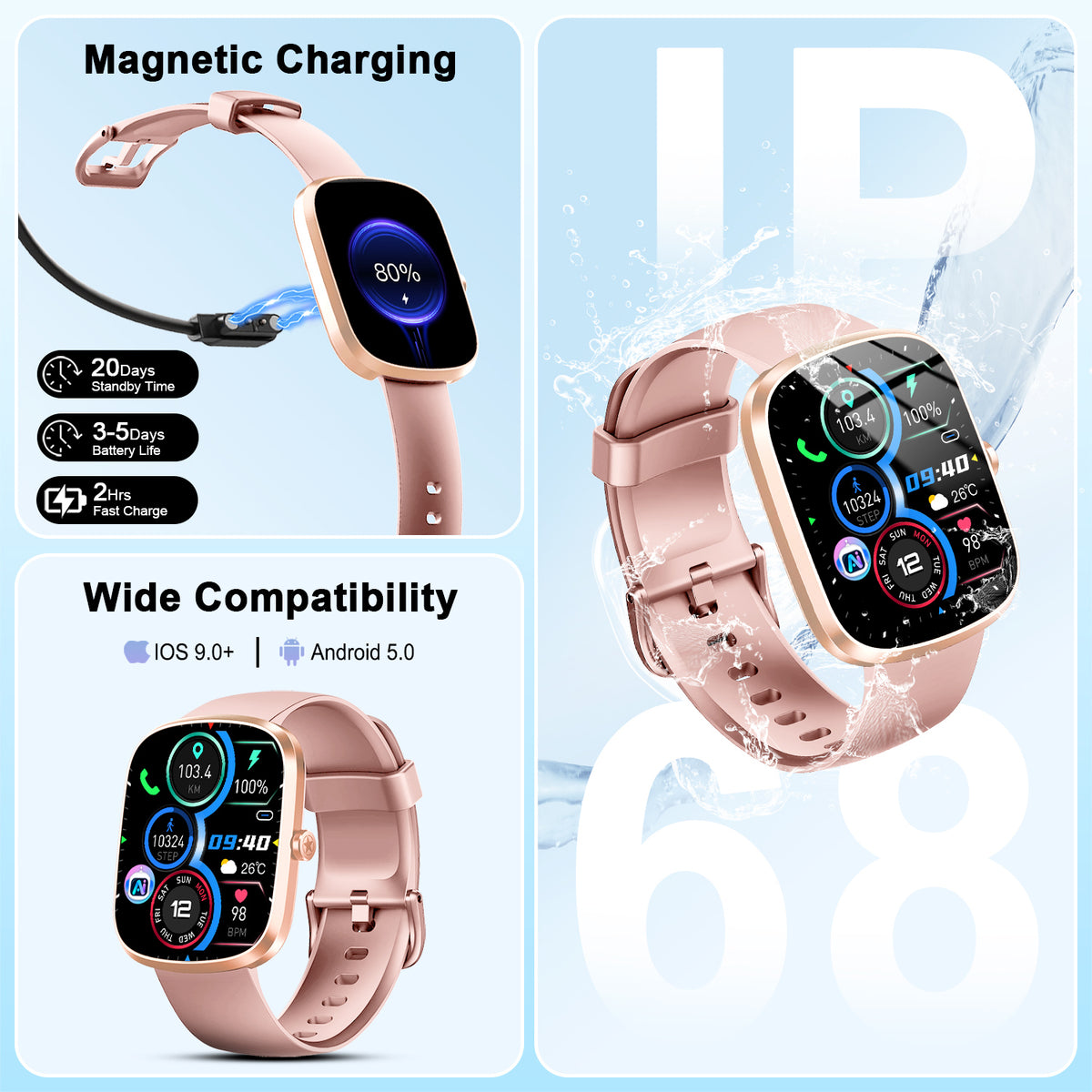 BTOOTOS AI Smart Watch for Women Men 1.91" HD Touch Screen with Dual-Mode Smart Bluetooth Call and Voice Assistant 100+ Sport Modes IPX7 Waterproof Fitness Watch for Android/iPhone