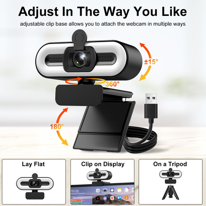 Geryst 2K HD Webcam with Autofocus, 3-Level Ring Light, 0.01Lux Low-Light Vision, 108° Wide-Angle USB Web Camera, Dual Noise-Canceling Mics, Privacy Cover & Tripod for PC Laptop, Streaming, Meetings, Black