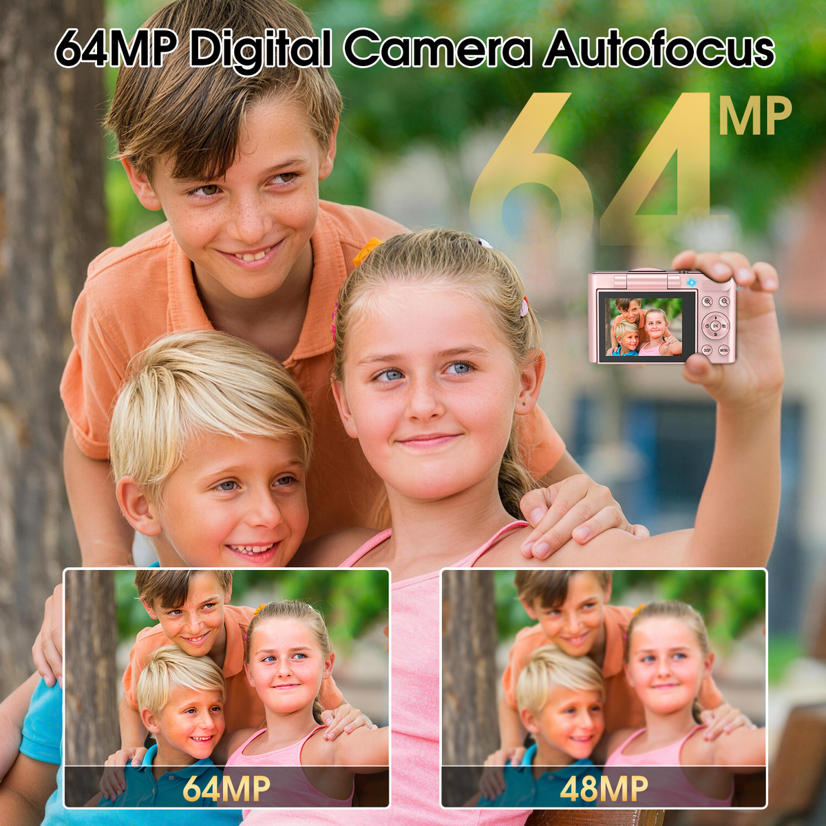 Geryst 4K 64MP Shoot Digital Camera for Kids, Teens, Beginners, Autofocus Point-and-Shoot Camera with 2.4" 180° Flip Screen, 16X Digital Zoom, Anti-Shake, Usb-c, Selfie Vlogging Camera for Travel,Gifts,Pink