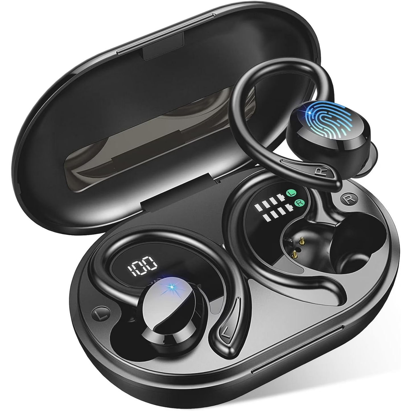 Mugo Wireless Earbud, Sport Bluetooth 5.3 Headphones with Earhooks Earphones in-Ear with Immersive Sound, IP7 Waterproof, Noise Cancelling, Dual LED Display, 48H Playtime, Running