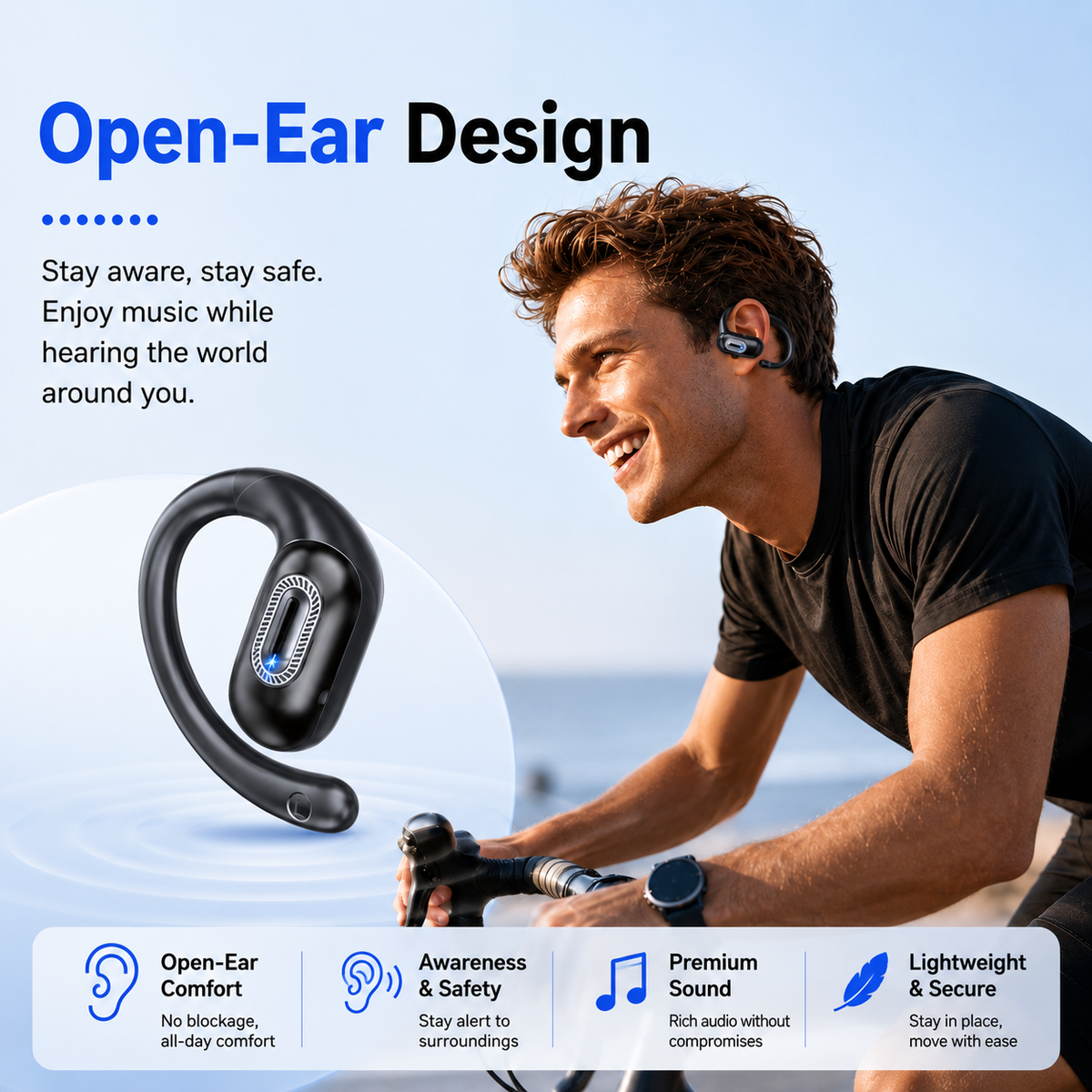 Geryst Open Ear Headphones, Open Earbuds with Comfortable Earhook, 58H Hifi Stereo Bone Conduction Earbuds with Mic, Noise Cancelling, Bluetooth 5.4 Earphones, IP7 Waterproof Wireless Earbuds for Running