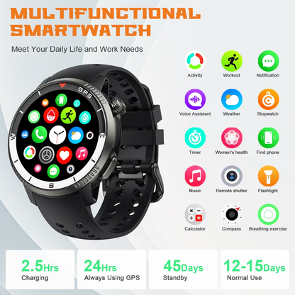 Btootos GPS Smart Watch(Answer/Make Call), Smartwatch for Men Women, 1.43"HD AMOLED Display, Fitness watch with 170+ Sport Modes, IP68 Waterproof/Pedometer, Activity Tracker for Android iOS
