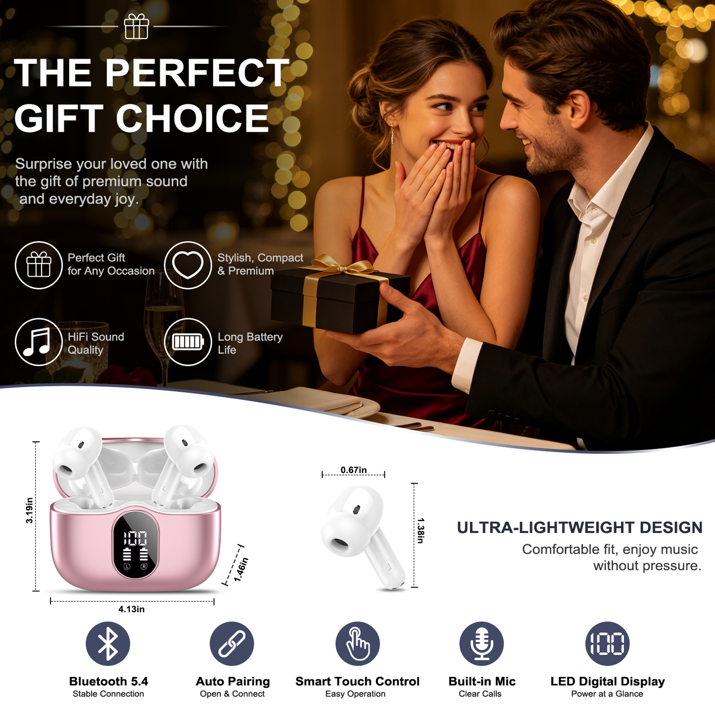 Btootos Wireless Earbuds, Bluetooth 5.4 Headphones Bass Stereo, Ear Buds with Noise Cancelling Mic, LED Display in Ear Earphones Clear Calls, IP7 Waterproof Bluetooth Earbuds for Laptop/Phones, Rose Gold