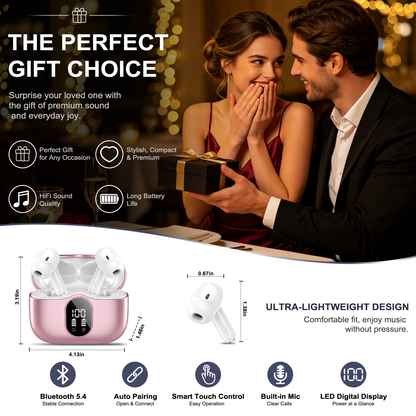Btootos Wireless Earbuds, Bluetooth 5.4 Headphones Bass Stereo, Ear Buds with Noise Cancelling Mic, LED Display in Ear Earphones Clear Calls, IP7 Waterproof Bluetooth Earbuds for Laptop/Phones, Rose Gold
