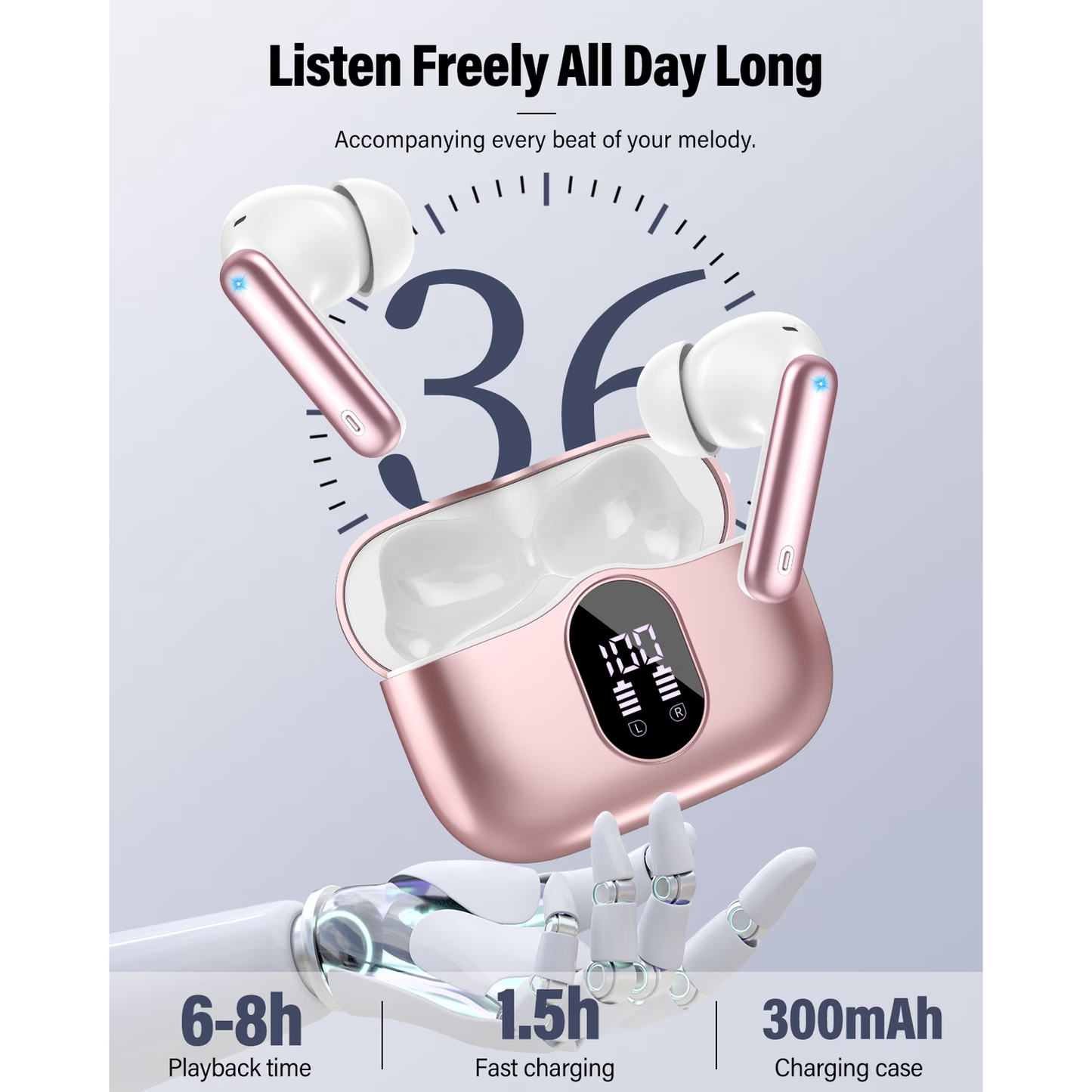 Btootos Wireless Earbuds, Bluetooth 5.4 Headphones Bass Stereo, Ear Buds with Noise Cancelling Mic, LED Display in Ear Earphones Clear Calls, IP7 Waterproof Bluetooth Earbuds for Laptop/Phones, Rose Gold