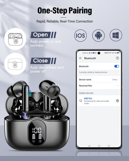 Wireless Earbuds, Bluetooth 5.4 Headphones Bass Stereo, Ear Buds with Noise Cancelling Mic, LED Display in Ear Earphones Clear Calls, IP7 Waterproof Bluetooth Earbuds for Phones/Sports/Laptop, Black