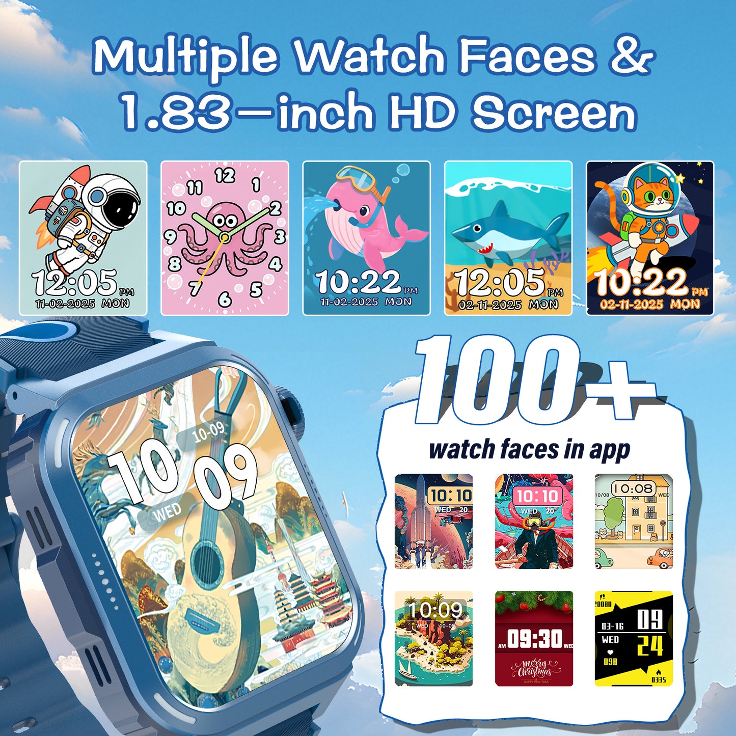 Coucur Kids Smart Watch with Classroom Mode, 1.83 HD Touch Screen Smartwatch for Kids, Learn Cards, Camera, Music Player, 14 Puzzle Games, 100 Sports Modes, IP68 Waterproof, Best Gift for Kids