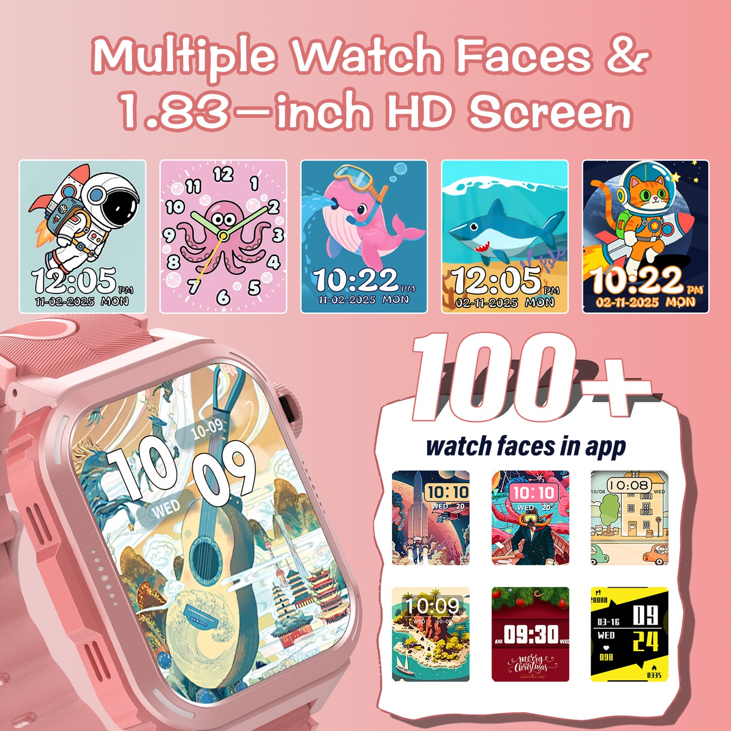 Coucur Kids Smart Watch with Classroom Mode, 1.83 HD Touch Screen Smartwatch for Kids, Learn Cards, Camera, Music Player, 14 Puzzle Games, 100 Sports Modes, IP68 Waterproof, Best Gift for Kids