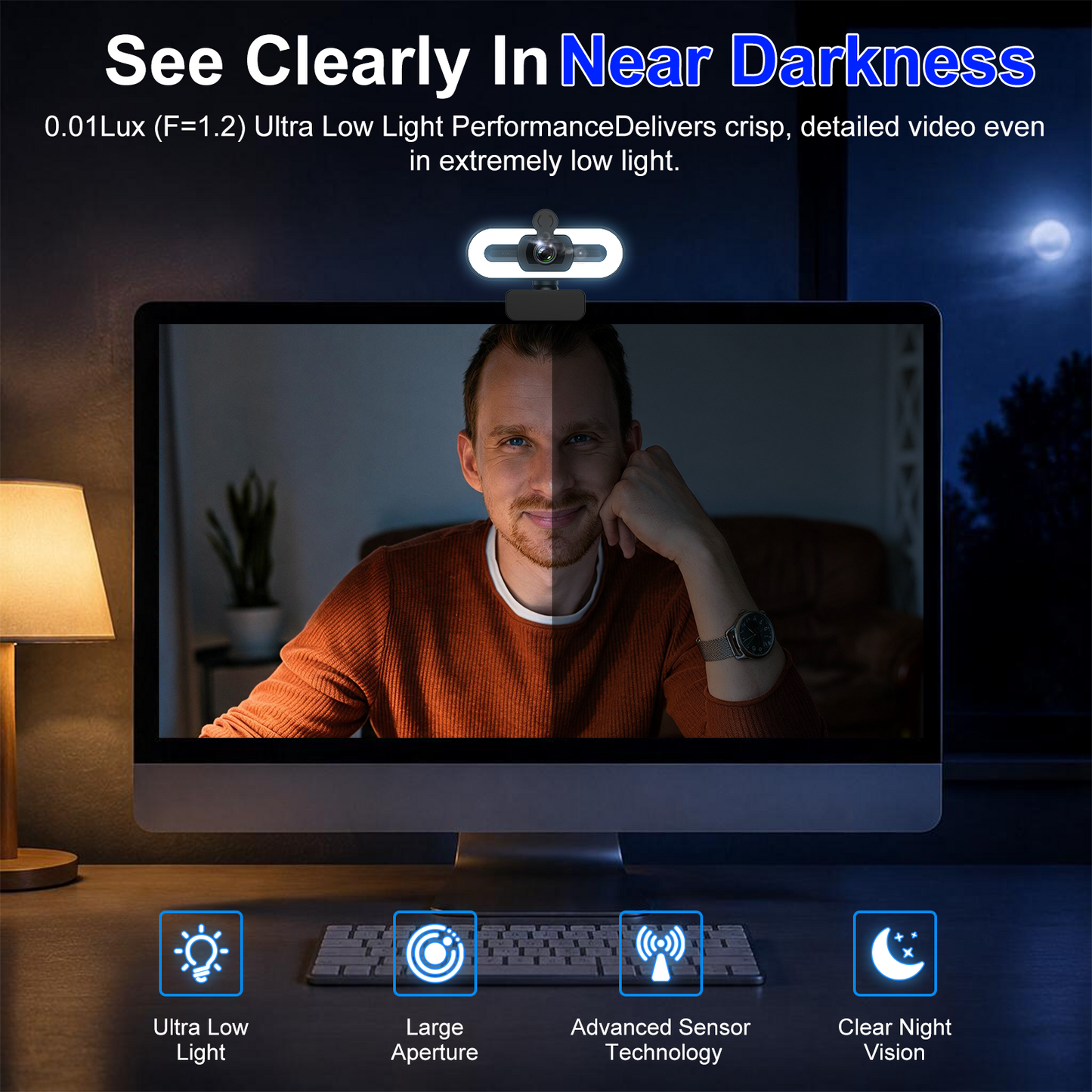 Geryst 2K HD Webcam with Autofocus, 3-Level Ring Light, 0.01Lux Low-Light Vision, 108° Wide-Angle USB Web Camera, Dual Noise-Canceling Mics, Privacy Cover & Tripod for PC Laptop, Streaming, Meetings, Black