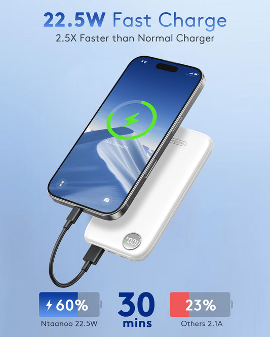 Btootos Fast Charging Power Bank, 10000mah Portable Charger for iPhone, 22.5W USB C in&Out Battery Pack Phone Charger Portable, Slim Powerbank for iPhone 17/16/15 Series, Samsung, Google,Android