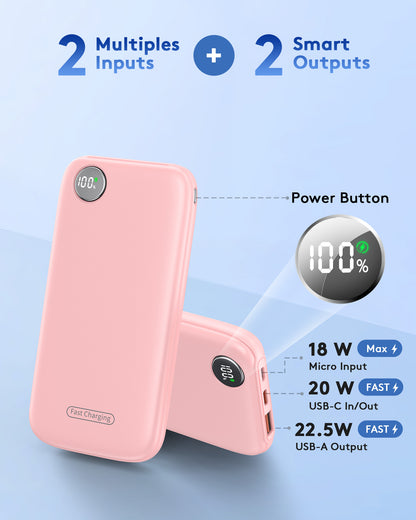 Btootos Fast Charging Power Bank, 10000mah Portable Charger for iPhone, 22.5W USB C in&Out Battery Pack Phone Charger Portable, Slim Powerbank for iPhone 17/16/15 Series, Samsung, Google,Android