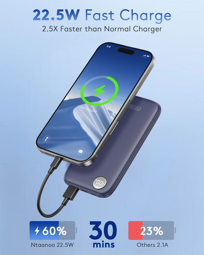 Btootos Fast Charging Power Bank, 10000mah Portable Charger for iPhone, 22.5W USB C in&Out Battery Pack Phone Charger Portable, Slim Powerbank for iPhone 17/16/15 Series, Samsung, Google,Android