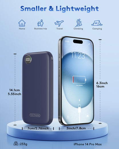 Btootos Fast Charging Power Bank, 10000mah Portable Charger for iPhone, 22.5W USB C in&Out Battery Pack Phone Charger Portable, Slim Powerbank for iPhone 17/16/15 Series, Samsung, Google,Android