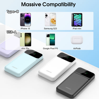 MUGO Power Bank 10,000mAh 22.5W Power Bank Fast Charging, PD3.0 QC4.0 PD20W Mini Portable Charger, USB-C Input/Output, LED Digital Display Slim Powerbank for Smartphones Tablets and More, White(2025)