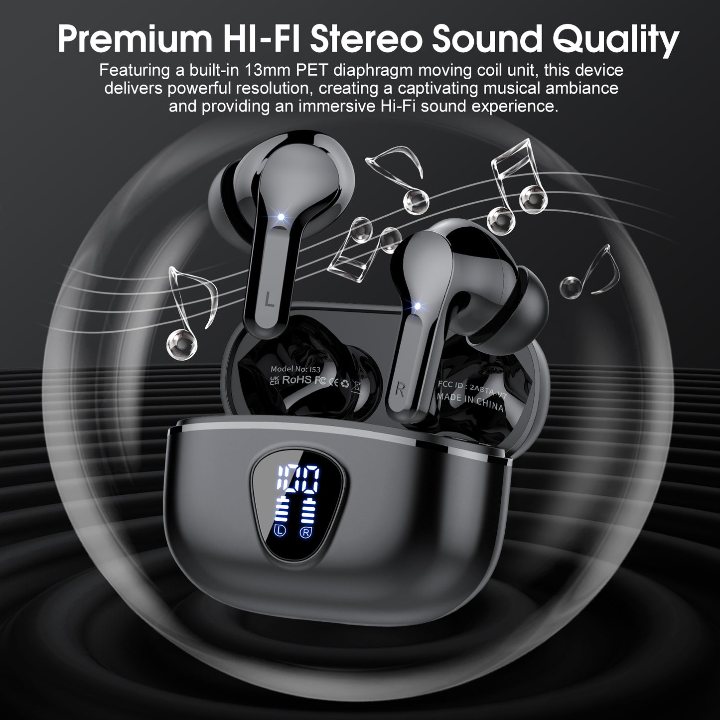 Wireless Earbuds, Bluetooth 5.4 Headphones HiFi Stereo, Bluetooth Earbuds With ENC Noise Cancelling Mic, IP7 Waterproof in Ear Earphones,48H, LED Display Ear buds for Pad Phones Workout Sports