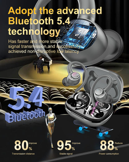 Wireless Earbuds, Bluetooth 5.4 Headphones Sport, Over Ear Buds With ENC Noise Cancelling Mic, 48H, Wireless Earphone With Earhooks, Stereo Deep Bass, IP7 Waterproof ear bud for Workout Running
