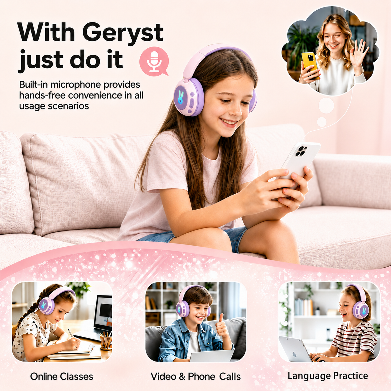 Kids Bluetooth Headphones with Microphone, 3 Safe Volume Modes 74/84/95dB, 48H Battery LED Light Up Foldable Over-Ear Wireless Headset with Audio Cable for Online Learning & Travel