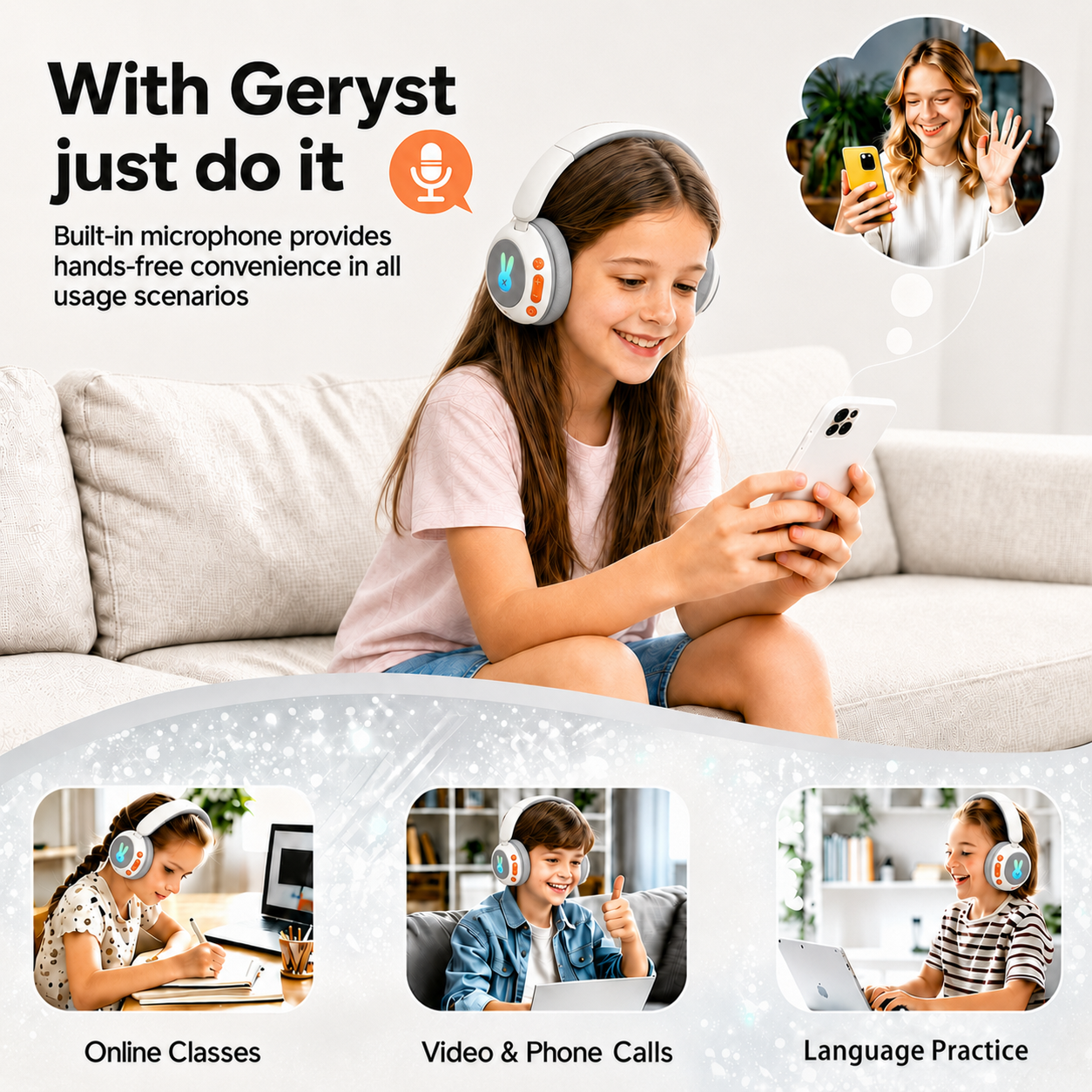 Kids Bluetooth Headphones with Microphone, 3 Safe Volume Modes 74/84/95dB, 48H Battery LED Light Up Foldable Over-Ear Wireless Headset with Audio Cable for Online Learning & Travel