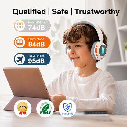 Kids Bluetooth Headphones with Microphone, 3 Safe Volume Modes 74/84/95dB, 48H Battery LED Light Up Foldable Over-Ear Wireless Headset with Audio Cable for Online Learning & Travel