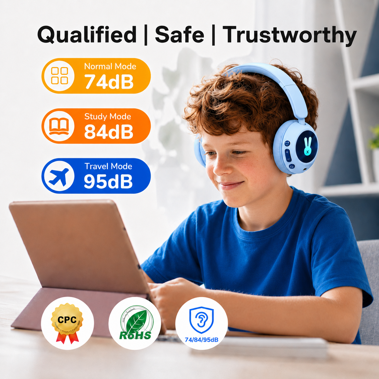 Kids Bluetooth Headphones with Microphone, 3 Safe Volume Modes 74/84/95dB, 48H Battery LED Light Up Foldable Over-Ear Wireless Headset with Audio Cable for Online Learning & Travel