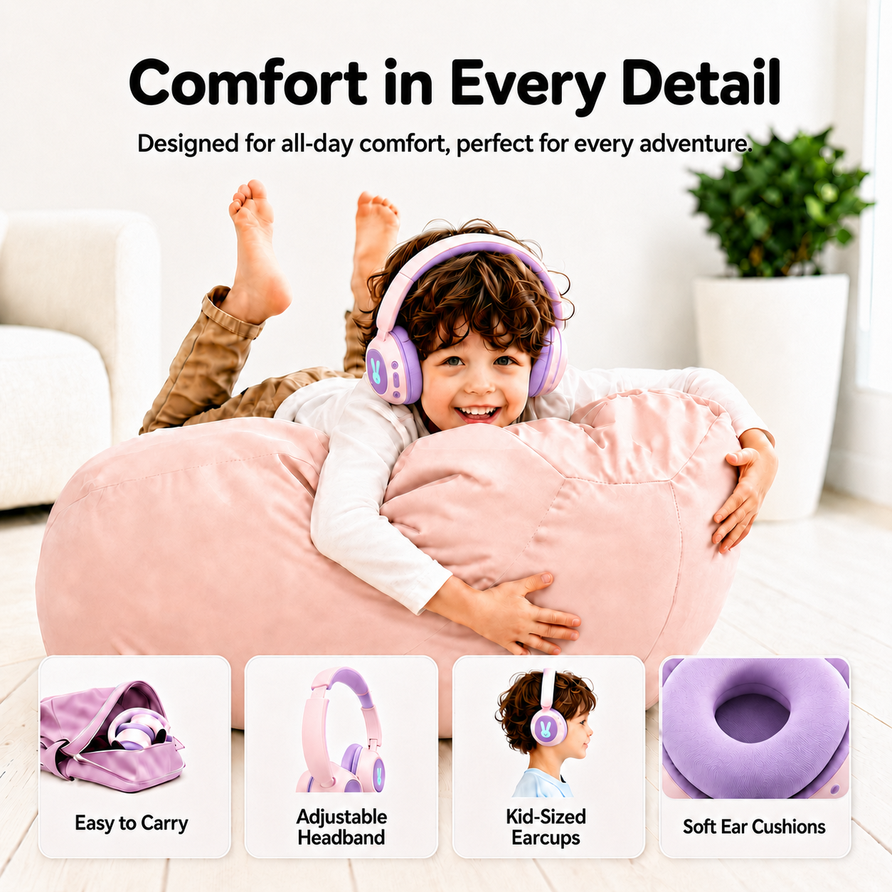 Kids Bluetooth Headphones with Microphone, 3 Safe Volume Modes 74/84/95dB, 48H Battery LED Light Up Foldable Over-Ear Wireless Headset with Audio Cable for Online Learning & Travel
