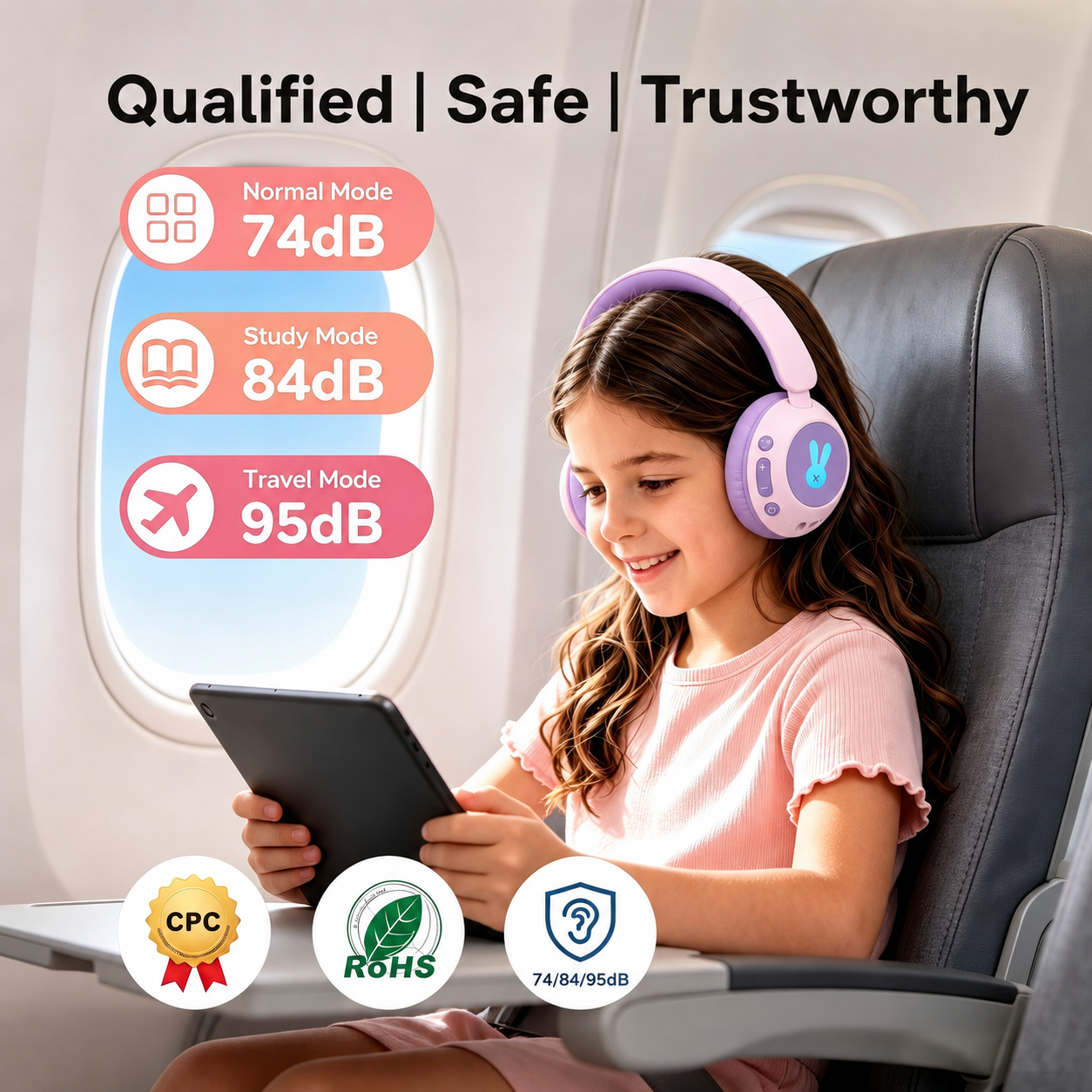 Kids Bluetooth Headphones with Microphone, 3 Safe Volume Modes 74/84/95dB, 48H Battery LED Light Up Foldable Over-Ear Wireless Headset with Audio Cable for Online Learning & Travel