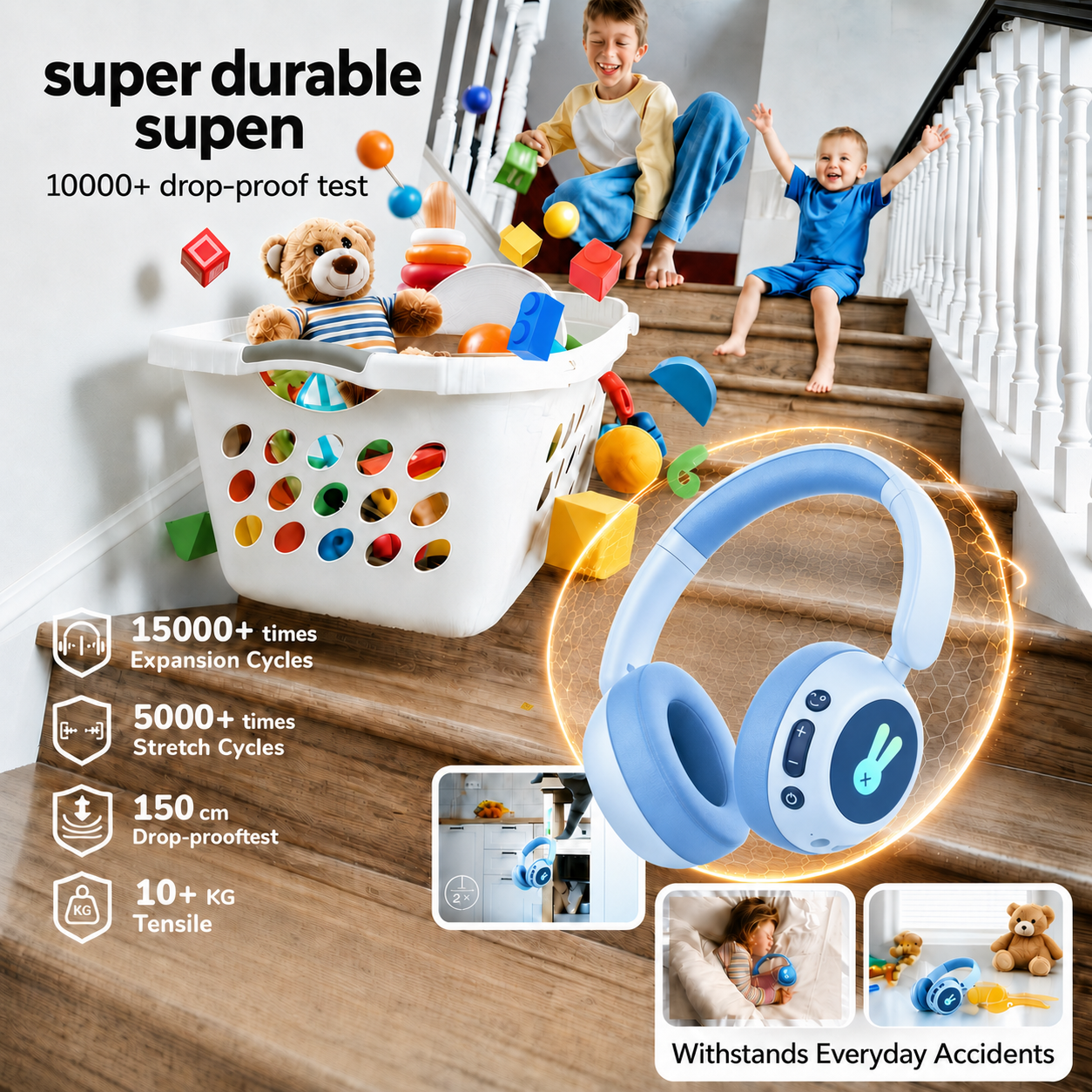 Kids Bluetooth Headphones with Microphone, 3 Safe Volume Modes 74/84/95dB, 48H Battery LED Light Up Foldable Over-Ear Wireless Headset with Audio Cable for Online Learning & Travel