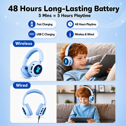 Kids Bluetooth Headphones with Microphone, 3 Safe Volume Modes 74/84/95dB, 48H Battery LED Light Up Foldable Over-Ear Wireless Headset with Audio Cable for Online Learning & Travel