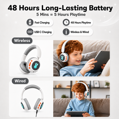 Kids Bluetooth Headphones with Microphone, 3 Safe Volume Modes 74/84/95dB, 48H Battery LED Light Up Foldable Over-Ear Wireless Headset with Audio Cable for Online Learning & Travel