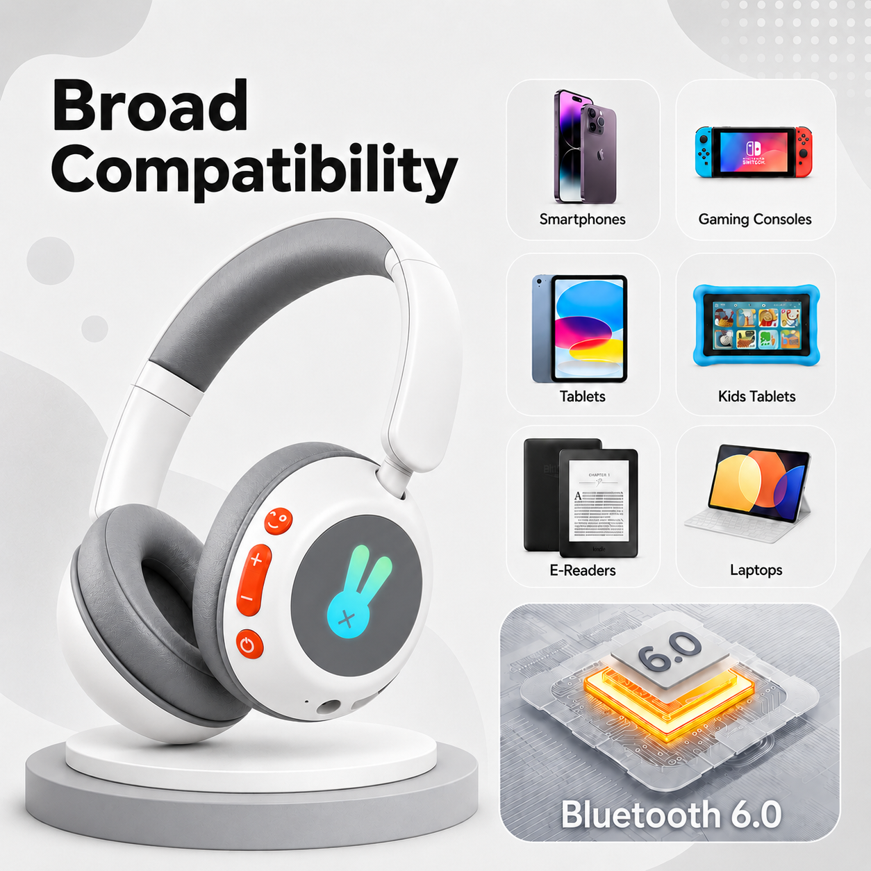 Kids Bluetooth Headphones with Microphone, 3 Safe Volume Modes 74/84/95dB, 48H Battery LED Light Up Foldable Over-Ear Wireless Headset with Audio Cable for Online Learning & Travel