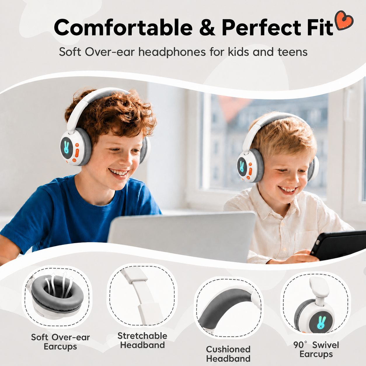 Kids Bluetooth Headphones with Microphone, 3 Safe Volume Modes 74/84/95dB, 48H Battery LED Light Up Foldable Over-Ear Wireless Headset with Audio Cable for Online Learning & Travel