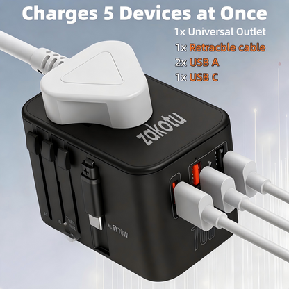 70W Universal Travel Adapter, 5-in-1 International Power Adapter with Retractable USB-C Cable, PD 3.0 Dual USB, Type A C G I Plugs for EU, US, UK, Australia and 200+ Countries, Fast Wall Charger