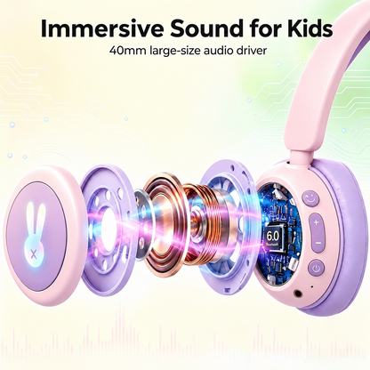 Kids Bluetooth Headphones with Microphone, 3 Safe Volume Modes 74/84/95dB, 48H Battery LED Light Up Foldable Over-Ear Wireless Headset with Audio Cable for Online Learning & Travel