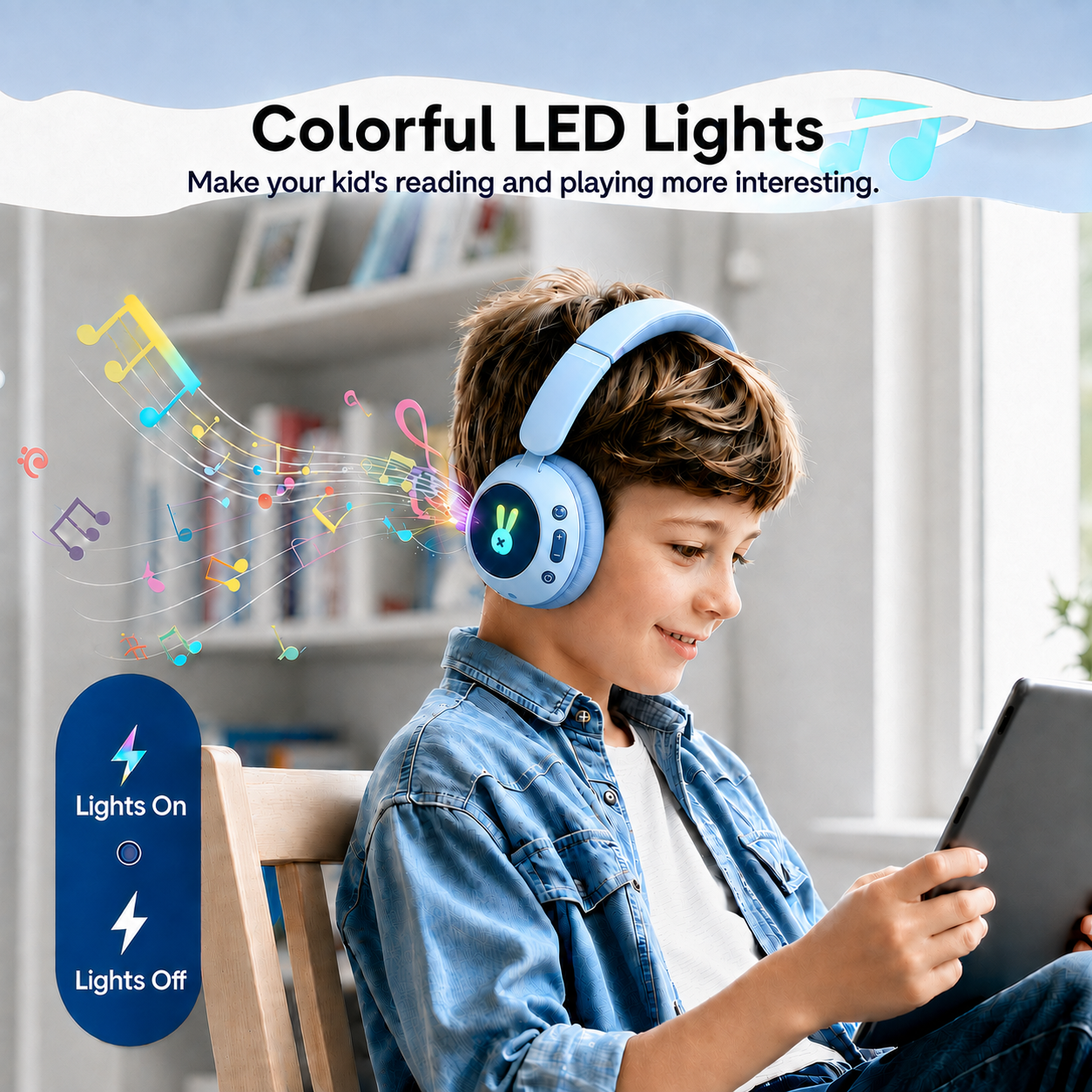 Kids Bluetooth Headphones with Microphone, 3 Safe Volume Modes 74/84/95dB, 48H Battery LED Light Up Foldable Over-Ear Wireless Headset with Audio Cable for Online Learning & Travel