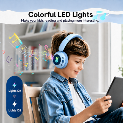 Kids Bluetooth Headphones with Microphone, 3 Safe Volume Modes 74/84/95dB, 48H Battery LED Light Up Foldable Over-Ear Wireless Headset with Audio Cable for Online Learning & Travel