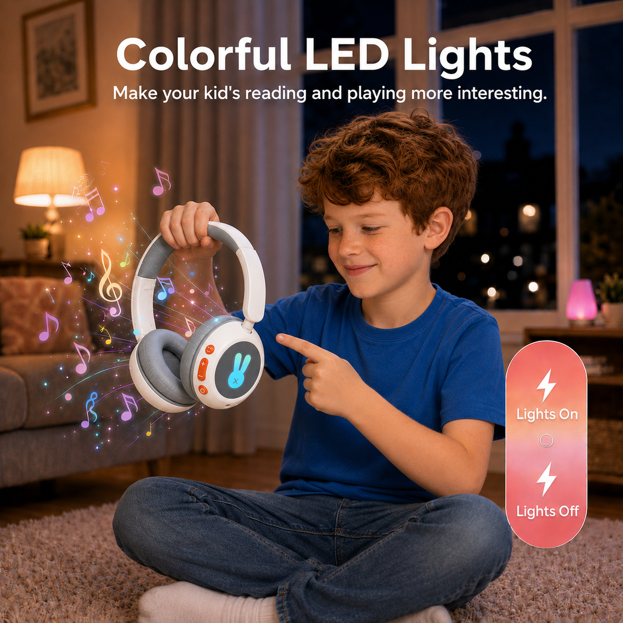 Kids Bluetooth Headphones with Microphone, 3 Safe Volume Modes 74/84/95dB, 48H Battery LED Light Up Foldable Over-Ear Wireless Headset with Audio Cable for Online Learning & Travel